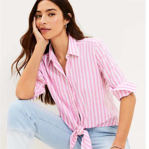 LOFT Striped Linen Blend Tie Front Everyday Shirt - Large - Picture 3 of 6